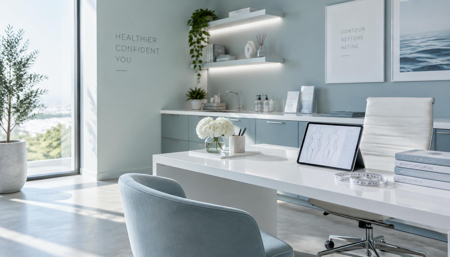 A consultation desk with a body-contour sketch on a tablet